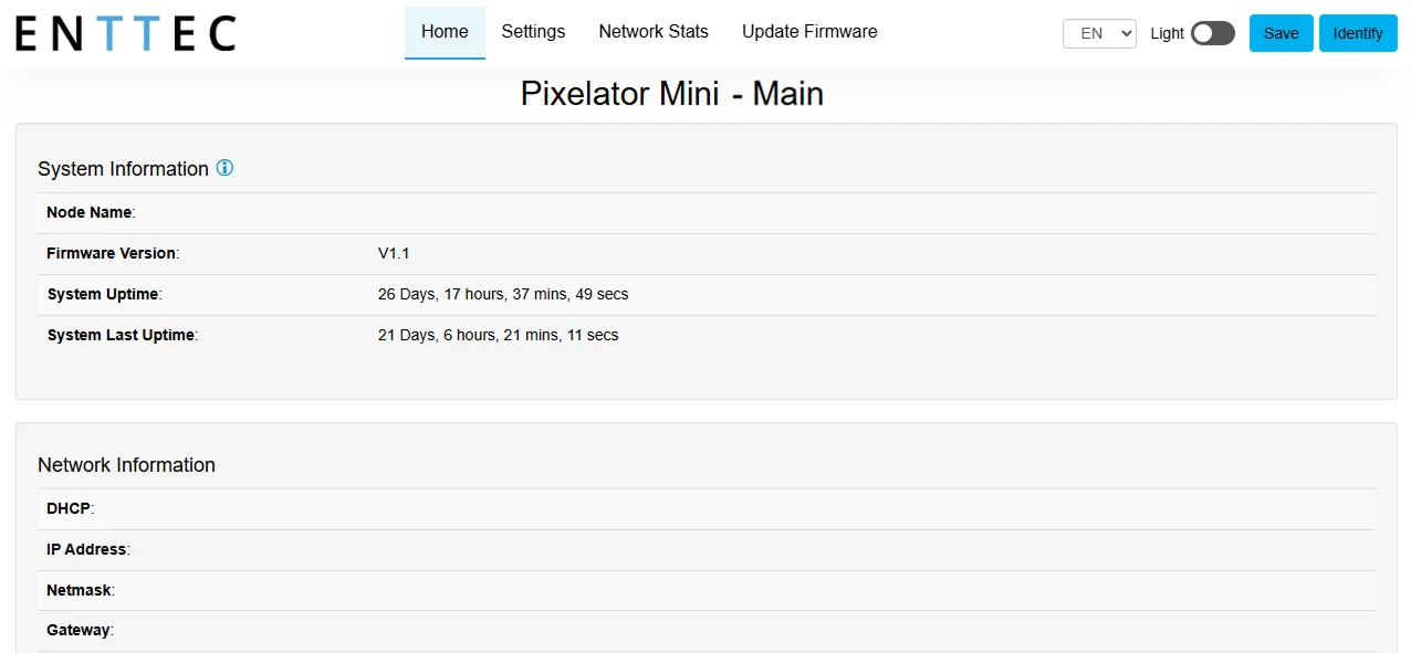 浏览器中的 Pixelator Mini 网络界面，打开在 Main 主页，带有 Home、Settings、Network Stats 和 Update Firmware 选项卡，显示固件版本和运行时间等系统信息，下方为网络设置。