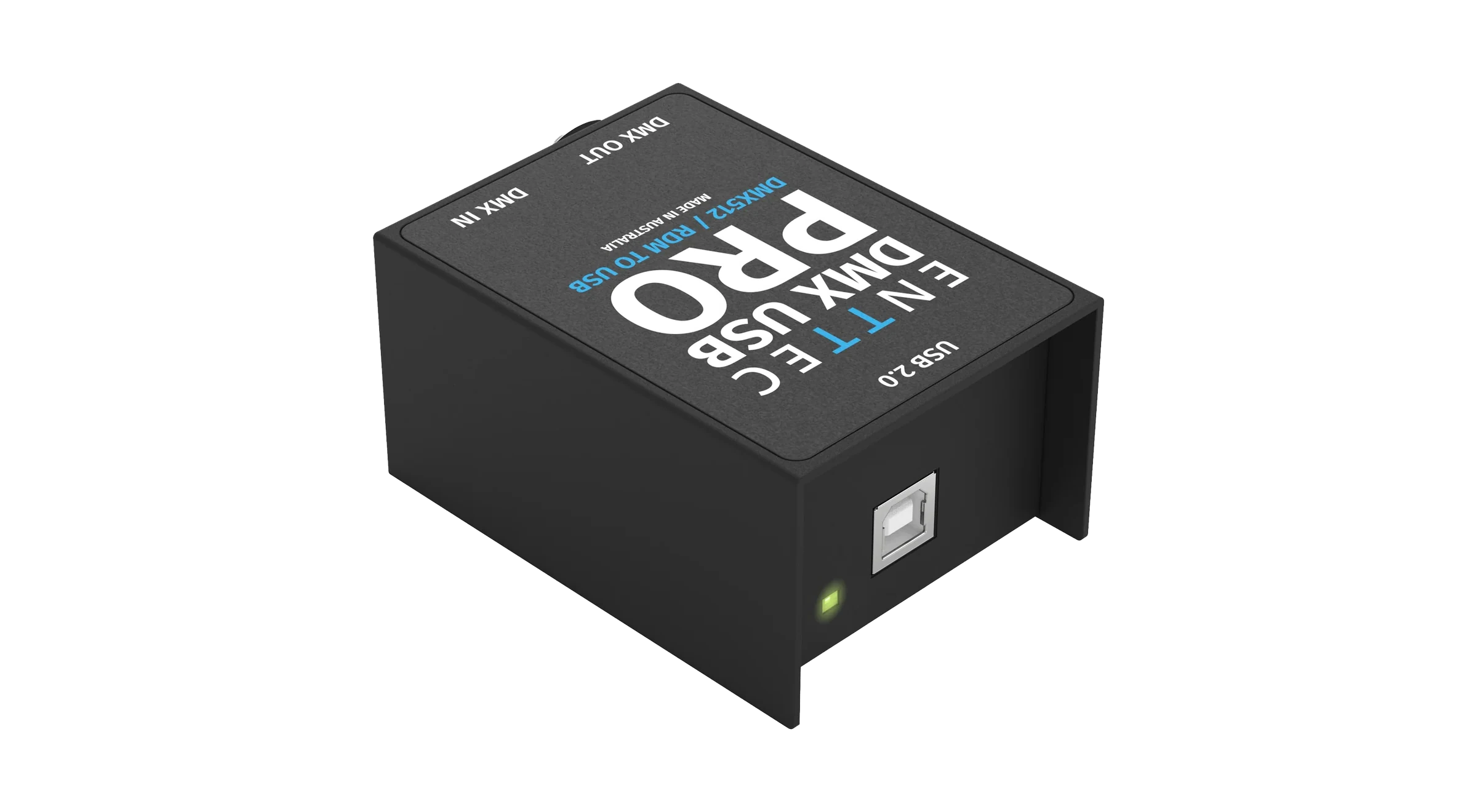 从上方以四分之三视角拍摄的黑色 DMX USB Pro 外壳，顶盖印有 ENTTEC DMX USB PRO、DMX512 / RDM TO USB、USB 2.0、DMX IN 和 DMX OUT，朝向观者的端面板上有一个银色 USB B 型插座，旁边是一个绿色状态 LED。