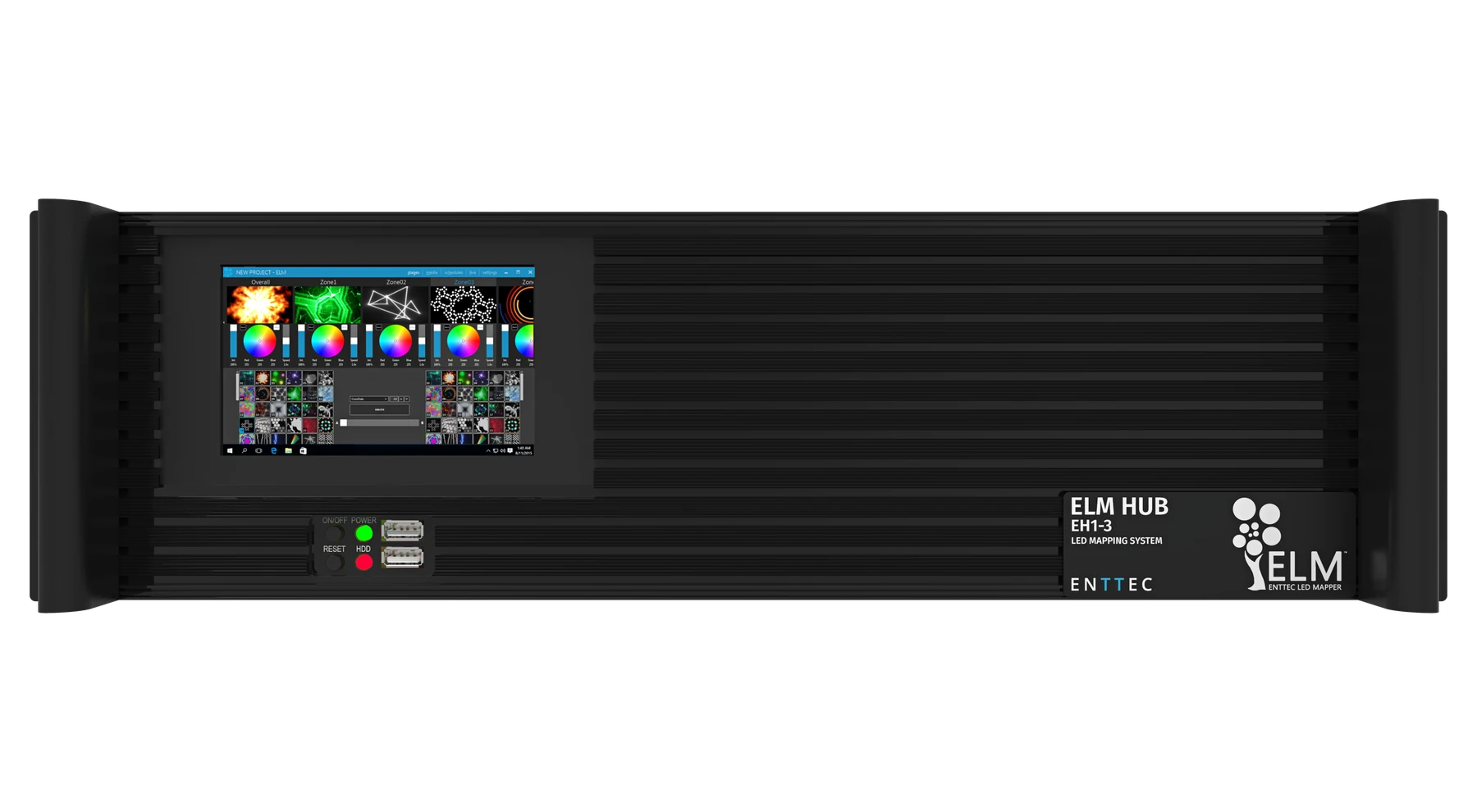 ELM HUB 前面板正视图，可见内置显示屏与两个 USB 3.0 端口
