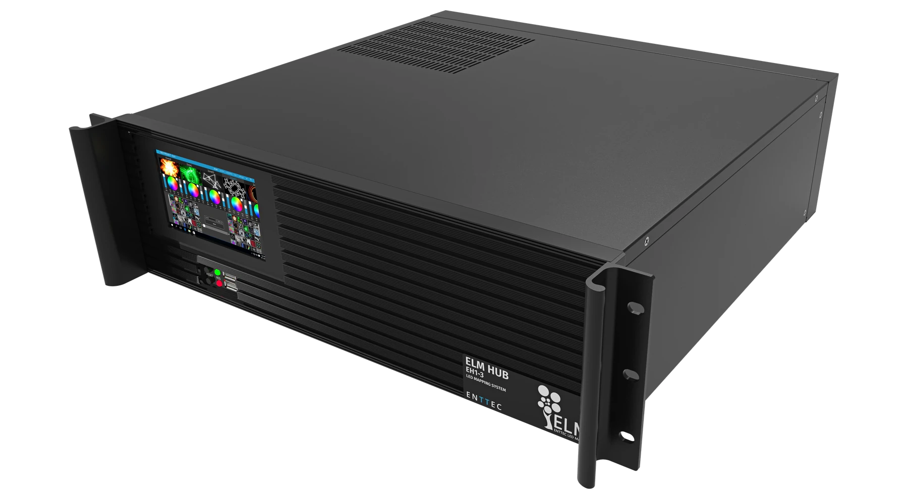 ELM HUB 3RU 机架设备，正面四分之三视角，已装配机架耳