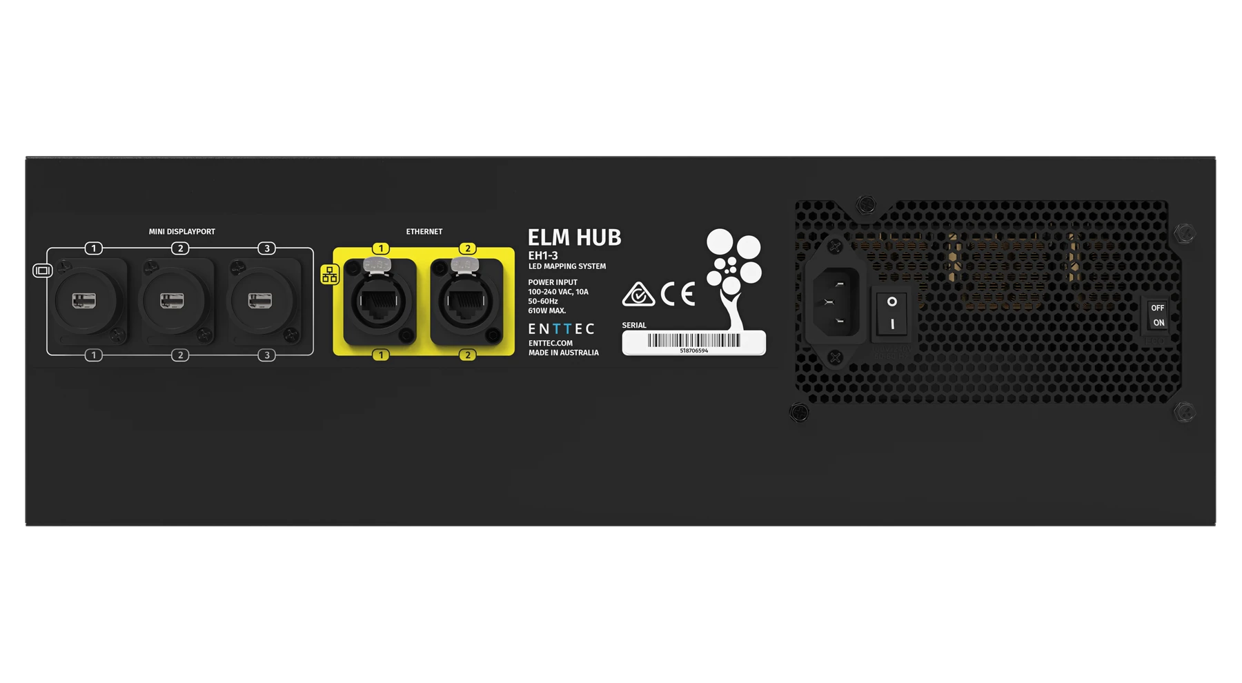 ELM HUB 后面板正视图，可见 Mini DisplayPort 输出、两个网口与电源输入