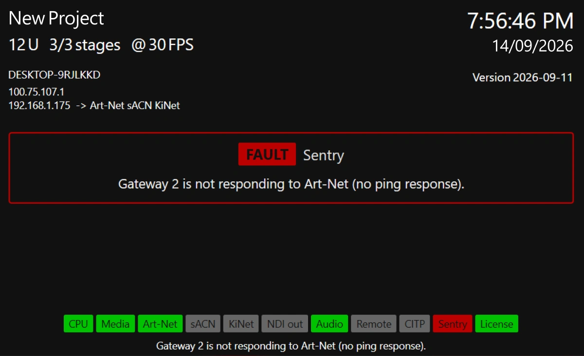 ELM HUB 内置前面板显示屏的故障画面：红色提示框显示 FAULT、Sentry，Gateway 2 未响应 Art-Net（无 ping 回应），底部状态栏中 Sentry 变为红色。