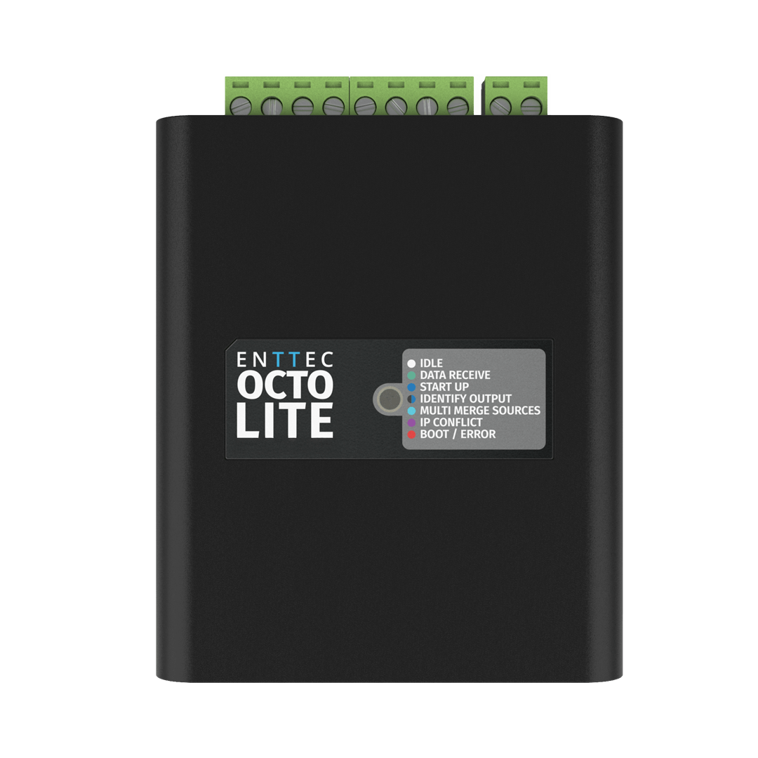 ENTTEC OCTO LITE LED 像素控制器顶视图,显示状态指示灯标签