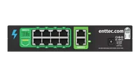 Storm 10 后面板正视图：一组绿色 DMX512 端口区内含分两排、编号 1 至 8 的八个 RJ45 端口，旁边是标注 7、8 为 0V，1 为 DATA+，2 为 DATA- 的引脚图例；另一组绿色 DMX512 端口区内含编号 9 和 10 的端口；此外还有 enttec.com 字样、标注 12-24VDC 8W MAX 的 DC 电源输入口和一个线缆固定夹。