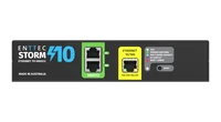 Storm 10 前面板正视图：印有 ENTTEC STORM 10、ETHERNET TO DMX512 和 MADE IN AUSTRALIA 字样；一组绿色 DMX512 端口区内含编号 9 和 10 的 RJ45 端口，一个标注 PoE IEEE 802.3af 的黄色 ETHERNET 10/100 端口，一张列出 IDLE、SENDING DMX/RDM、MULTI MERGE SOURCES、IP CONFLICT 和 BOOT / ERROR 的状态图例，以及一个 RESET 按钮。