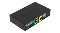 Storm 10 四分之三视角：黑色钢制外壳，顶盖上压印 ENTTEC 标识；前面板印有 ENTTEC STORM 10 字样，一组绿色 DMX512 端口区内含编号 9 和 10 的两个 RJ45 端口、一个黄色 ETHERNET 10/100 RJ45 端口，以及一个内嵌式复位按钮。
