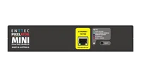 Pixelator Mini 背面，红色 PLink 面板上分两排排列着八个带编号的 RJ45 端口，并附有禁止使用交叉线缆的警告，另有 enttec.com 字标、12-24VDC 输入插孔和一个接地螺丝。