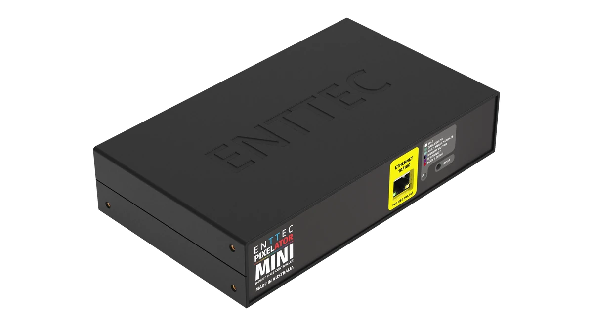 Pixelator Mini 正面视图，印有“ENTTEC Pixelator Mini, 8-port pixel controller, Made in Australia”，RJ45 插座周围为黄色 Ethernet 10/100 面板，另有从 Idle 到 Boot / Error 的指示灯图例和一个 Reset 按钮。