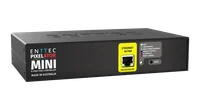 从左前方斜视的 Pixelator Mini，黑色顶盖上压印着 ENTTEC 字样，正面为黄色以太网面板、指示灯图例和 Reset 按钮。