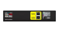 Pixelator Mini MK2 正面视图，黄色面板上叠放着 Ethernet Through 和 Ethernet 10/100 IN PoE 插座，另有六色状态 LED 图例和一个 Reset 按钮。