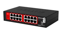 从后上方俯视的 Pixelator Mini MK2，顶盖上压印着 ENTTEC，下方是装有十六个带编号 RJ45 端口的红色 PLink 面板、DC 输入插座和接地螺丝。