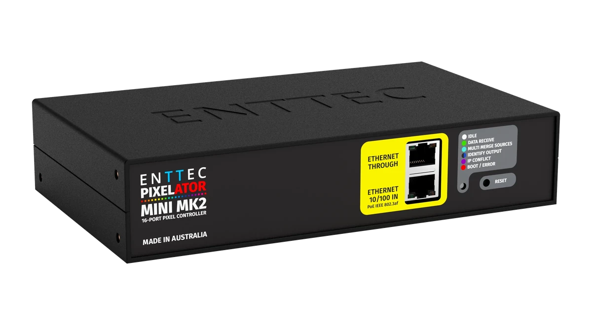 向左转的 Pixelator Mini MK2，可见黄色面板上上下叠放的 Ethernet Through 和 Ethernet 10/100 IN 插座、六色 LED 图例和 Reset 按钮。