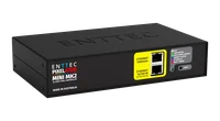 向左转的 Pixelator Mini MK2，可见黄色面板上上下叠放的 Ethernet Through 和 Ethernet 10/100 IN 插座、六色 LED 图例和 Reset 按钮。
