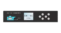 S-PLAY SP1-1 正面的正视图，左侧是 ENTTEC S-PLAY SP1-1 名称，设有一个位于蓝色模块中的 USB 插座、一个 MICRO SD 卡槽、一块显示 ENTTEC S-PLAY 的背光显示屏，以及一个带 ENTER 和 BACK 按钮的五向方向键。