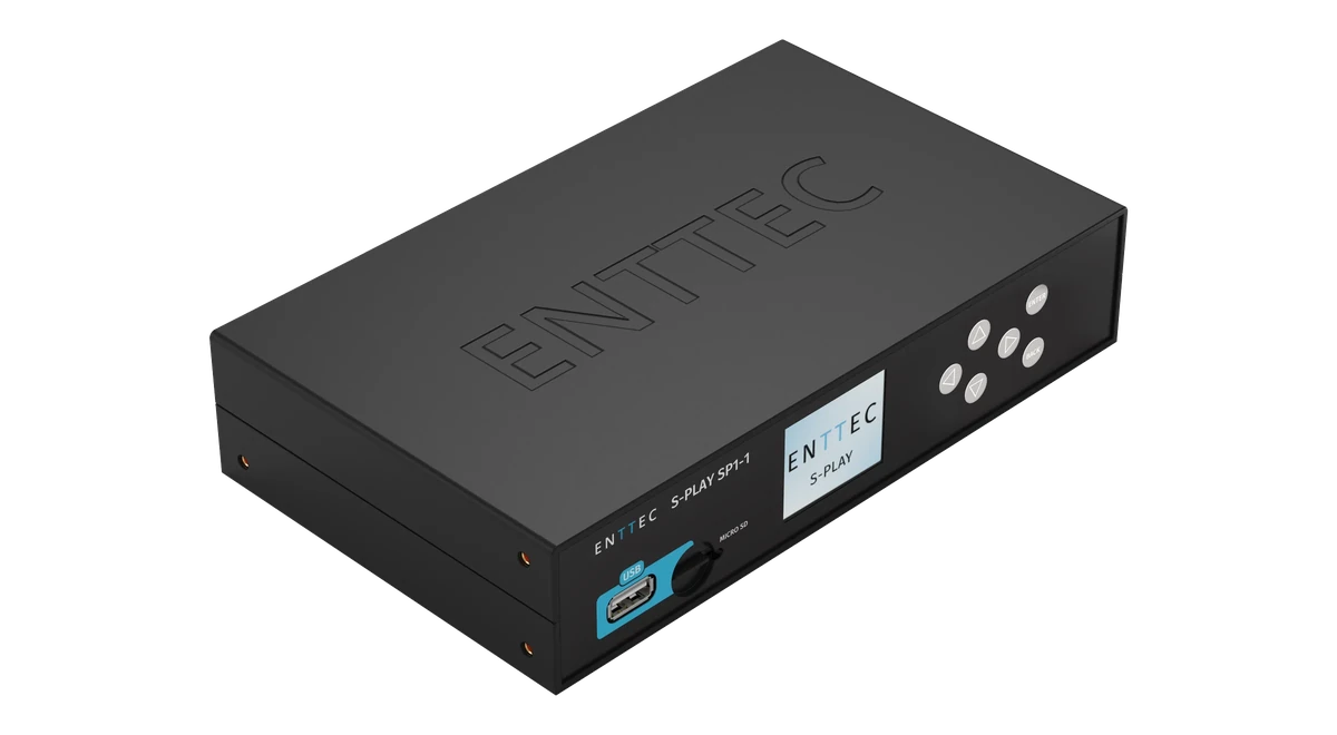 从高处俯视的 S-PLAY SP1-1,顶盖上压印 ENTTEC 名称,前面板及其 USB 模块、MICRO SD 卡槽、显示屏和方向键沿右下边缘排列。