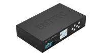 从高处俯视的 S-PLAY SP1-1，顶盖上压印 ENTTEC 名称，前面板及其 USB 模块、MICRO SD 卡槽、显示屏和方向键沿右下边缘排列。