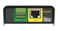 黑色 S-PLAY MINI 另一侧面的正视图，设有一个蓝色 POWER 区，包含 0V 和 12V-24V 端子，一个标有 NC1、CM1 和 NO1 的 RELAY OUT 端子排，以及一个标有 GND、IN1、IN2、IN3 和 IN4 的 DIGITAL IN 端子排，均为绿色螺丝端子。