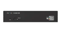 S-Play LITE 的背面，设有一个红色 RS232 D-sub 插座、两个标有 1 和 2 的绿色标签 DMX XLR 端口、两排用于继电器输出和数字输入的绿色螺丝端子、一个黄色 ETHERNET 10/100 PoE 插座、一个 DC 输入插孔，以及 RCM、UKCA 和 CE 标志。