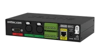 从左后方斜角看到的 S-Play LITE，可见 RS232 插座、两个 DMX XLR 端口、叠放的绿色螺丝端子排、黄色 ETHERNET 插座和 DC 输入。