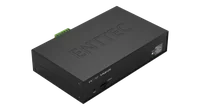 从另一侧上方看到的 S-Play LITE，压印 ENTTEC 的机盖朝上，绿色螺丝端子排位于左后方，STATUS LED 图例位于远端。