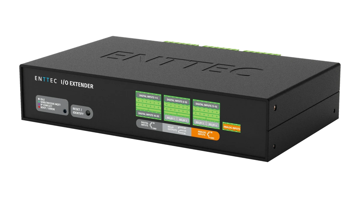 I/O Extender 正面正视图,LED 图例标有 IDLE、SEND / RECEIVE MQTT、IP CONFLICT 和 BOOT / ERROR,设有一个 RESET / IDENTIFY 按钮,绿色标签从 DIGITAL INPUTS 1-5 到 16-20、RELAY 1 至 4,以及一个橙色 ANALOG INPUTS 区。