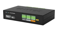 I/O Extender 正面正视图，LED 图例标有 IDLE、SEND / RECEIVE MQTT、IP CONFLICT 和 BOOT / ERROR，设有一个 RESET / IDENTIFY 按钮，绿色标签从 DIGITAL INPUTS 1-5 到 16-20、RELAY 1 至 4，以及一个橙色 ANALOG INPUTS 区。