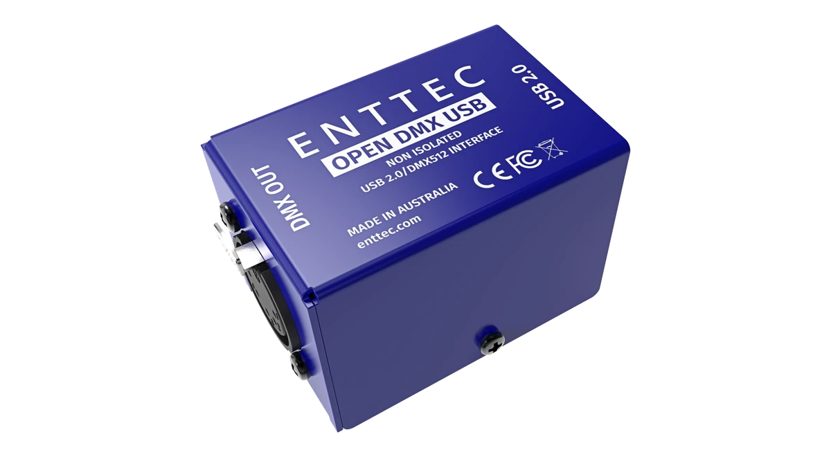 从上方拍摄的蓝色 Open DMX USB 外壳，顶盖印有 ENTTEC OPEN DMX USB、NON ISOLATED、USB 2.0/DMX512 INTERFACE 和 MADE IN AUSTRALIA，并带有 CE、FCC 和 WEEE 标志，一端为 DMX OUT，另一端为 USB 2.0。
