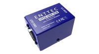 从上方拍摄的蓝色 Open DMX USB 外壳，顶盖印有 ENTTEC OPEN DMX USB、NON ISOLATED、USB 2.0/DMX512 INTERFACE 和 MADE IN AUSTRALIA，并带有 CE、FCC 和 WEEE 标志，一端为 DMX OUT，另一端为 USB 2.0。