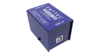 倾斜放置、DMX OUT 端朝向镜头的 Open DMX USB，黑色五针 XLR 插座和银色 PUSH 卡扣位于倒置的 ENTTEC OPEN DMX USB 印字下方。
