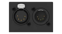 DMX USB PRO 的接口端：一个带银色 PUSH 卡扣的五针 XLR 插座，旁边是一个五针 XLR 公头，两者均为镀金针脚，四周有四颗黑色螺丝。
