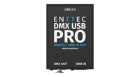 正面拍摄的黑色 DMX USB PRO 顶盖，顶部印有 USB 2.0，中间是 ENTTEC DMX USB PRO 和蓝色的 DMX512 / RDM TO USB、MADE IN AUSTRALIA，底边印有 DMX OUT 和 DMX IN。