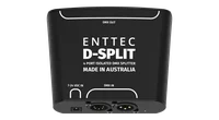 从正上方俯视 D-Split，盖板上印有 ENTTEC D-SPLIT、4 PORT ISOLATED DMX SPLITTER 和 MADE IN AUSTRALIA，顶边为 DMX OUT 轮廓框，底边依次为 7-24 VDC IN 圆形电源插孔、一个 5 针和一个 3 针公头 DMX IN XLR 以及一个绿色 LED。