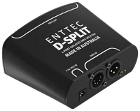 从上方以四分之三角度俯视 D-Split，盖板上印有 ENTTEC D-SPLIT、4 PORT ISOLATED DMX SPLITTER 和 MADE IN AUSTRALIA，以及 DMX OUT、DMX IN 和 7-24 VDC IN 轮廓框，近端面板上有一个圆形电源插孔、一个 5 针和一个 3 针公头 XLR 以及一个绿色 LED。