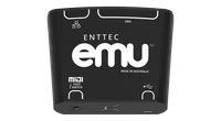 从正上方拍摄的 EMU 硬件接口，顶盖印有 ENTTEC emu 和 MADE IN AUSTRALIA，端口轮廓旁有 Ethernet 图标、DMX、MIDI / FOOT SWITCH 和 USB 图标。