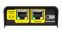 端面板上有两个黄色边框的 RJ45 插口，标注为 IN 和 THROUGH，上方印有 ETHERNET 10/100 与 PoE IEEE 802.3af 字样，旁边是一个嵌入式 RESET 按钮。