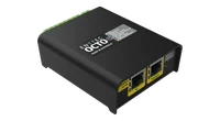 OCTO 的斜俯视图，顶盖印有“ENTTEC OCTO, MADE IN AUSTRALIA”，旁边是灰色 LED 图例；近侧面为黄色 ETHERNET 10/100 IN 和 THROUGH RJ45 插座以及 RESET / IDENTIFY 按钮，远侧边缘为绿色螺丝端子。