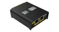OCTO MK3 斜俯视图，顶盖印有“ENTTEC OCTO MK3”，旁边是灰色 LED 图例；近侧面为黄色 ETHERNET 10/100 IN 和 THROUGH 插座以及 RESET / IDENTIFY 按钮，远侧边缘为绿色端子。