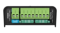 OCTO MK3 接线端正视图，可见蓝色标记的 POWER 输入（V-、V+、5-60VDC、5W MAX），以及 OUTPUTS 标记下方标为 V-、DATA、CLK/DATA 和 V+ 的两组绿色输出端子，分别对应端口 2 和 1。