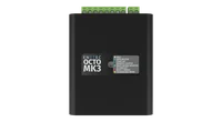 从正上方俯视的 OCTO MK3，顶盖印有“ENTTEC OCTO MK3”，旁边的灰色图例列出 IDLE、DATA RECEIVE、START UP、IDENTIFY OUTPUT、MULTI MERGE SOURCES、IP CONFLICT、BOOT / ERROR 和 STANDALONE MODE，顶部边缘有三组绿色螺丝端子。