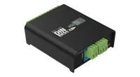 从电源端上方俯视 DIN RDS4，盖板上印有 ENTTEC DIN RDS4 和 DMX/RDM 箭头，近侧面有一个标有 7-24V DC 的蓝色 POWER 区，旁边是两个绿色插拔式端子，输出端子位于远侧边缘。