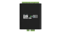 从正上方俯视 DIN RDS4，盖板上印有 ENTTEC DIN RDS4 名称、MADE IN AUSTRALIA、DMX 和 RDM 箭头标记、一个圆形按钮以及 W IDLE、G DMX、B RDM 图例，顶边有四个绿色螺丝接线端子，底边有两个。