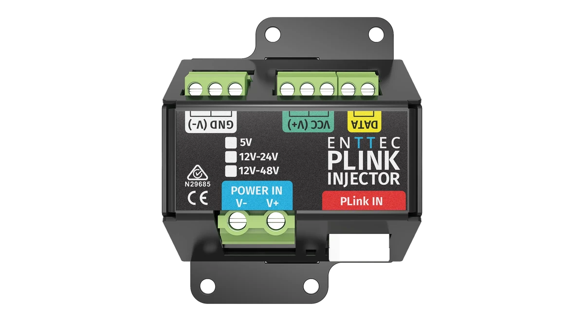 PLink Injector 正上方视图：顶部为 GND (V-)、VCC (V+) 和 DATA 输出端子，ENTTEC PLINK INJECTOR 标志旁有 5V、12V-24V 和 12V-48V 勾选框，底部为 POWER IN 端子和 PLink IN 端口，整体安装在螺钉固定支架上。