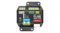 PLink Injector 正上方视图：顶部为 GND (V-)、VCC (V+) 和 DATA 输出端子，ENTTEC PLINK INJECTOR 标志旁有 5V、12V-24V 和 12V-48V 勾选框，底部为 POWER IN 端子和 PLink IN 端口，整体安装在螺钉固定支架上。