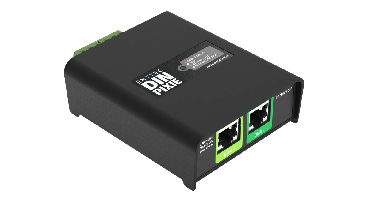 ENTTEC DIN PIXIE 斜视图，显示 DMX 1 和 DMX 2 输入端口及顶盖上的状态指示灯说明