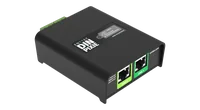 ENTTEC DIN PIXIE 斜视图，显示 DMX 1 和 DMX 2 输入端口及顶盖上的状态指示灯说明