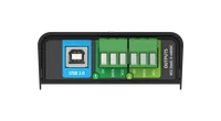 ENTTEC DIN PIXIE 的 USB 2.0 Type-B 端口和两个 3 针像素输出端口，标注 0V、DATA 和 VCC，VCC 限值 5-48VDC