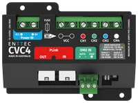 从正上方俯视 CVC4，盖板上印有蓝色 Power IN 区、红色 PLink OUT 和 IN 区、绿色 DMX IN 区、CH1 至 CH4 指示点和模式指示表，顶边排列绿色螺丝接线端子。