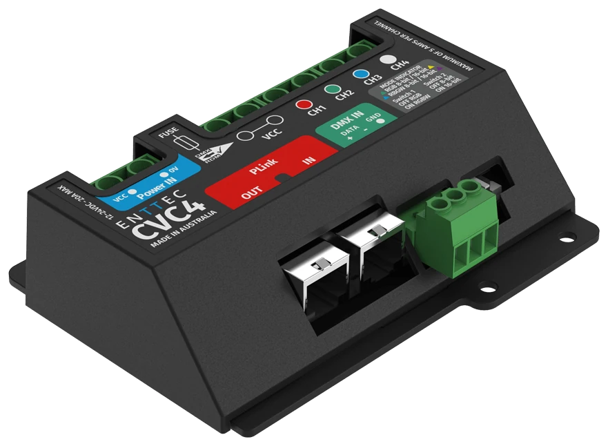 斜视 CVC4，可见印有 ENTTEC CVC4 和 Made in Australia 的盖板、蓝色 Power IN 区、红色 PLink 区和绿色 DMX IN 区，背面排列绿色螺丝接线端子，正面有两个 RJ45 插座和绿色端子。