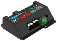 斜视 CVC4，可见印有 ENTTEC CVC4 和 Made in Australia 的盖板、蓝色 Power IN 区、红色 PLink 区和绿色 DMX IN 区，背面排列绿色螺丝接线端子，正面有两个 RJ45 插座和绿色端子。