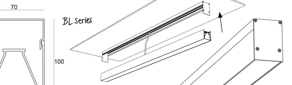 BL 系列灯具线稿图，70 x 100 截面图旁是型材滑入安装槽的立体示意